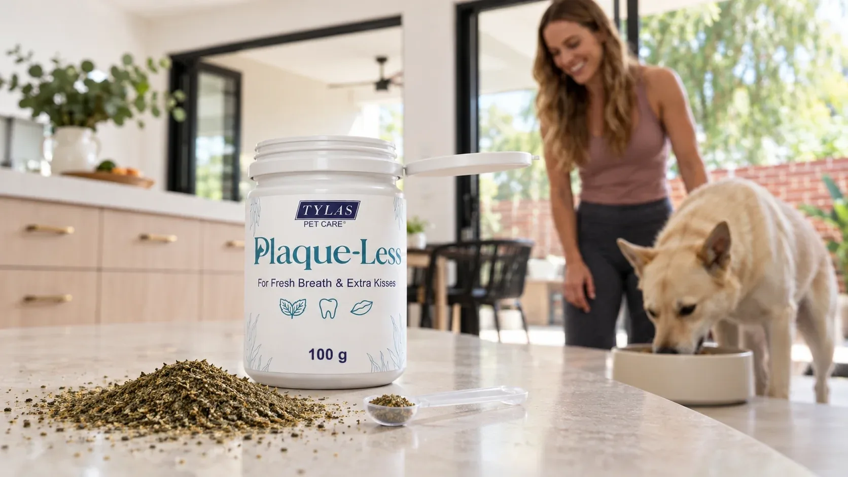 Plaque-Less dental powder measured beside a dog's meal